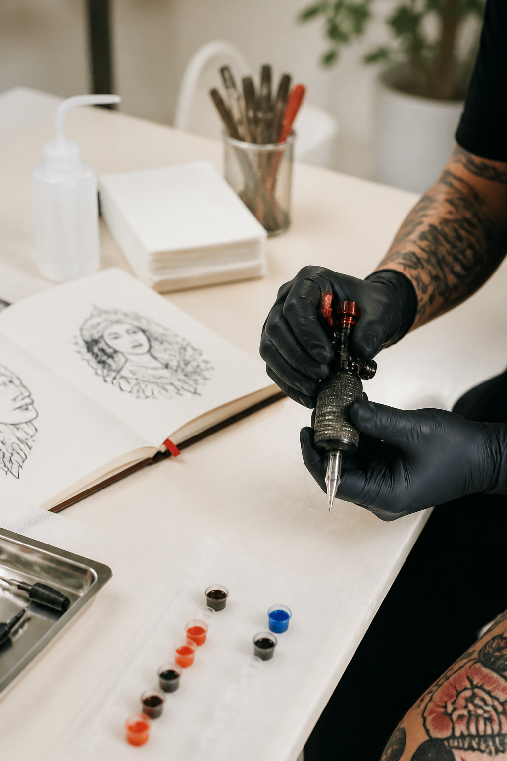 Tattoo artist preparing equipment in a bright studio